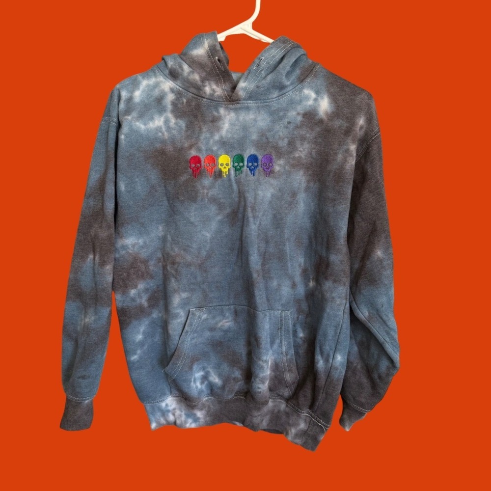 Zuni Sportswear Rainbow Dripping Skulls Tie Dye Hoodie Blue Black Mens Small